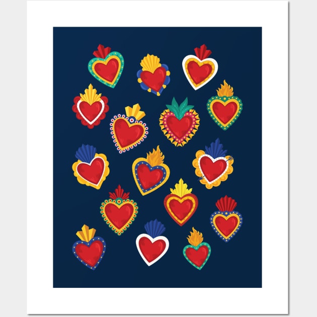 Mexican Sacred Hearts Pattern / Blue Background by Akbaly Wall Art by Akbaly